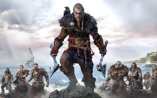 HD desktop wallpaper of Eivor from Assassin's Creed Valhalla, depicting the protagonist standing triumphantly with warriors in the background by the sea.