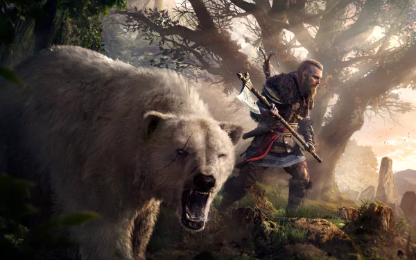 Eivor from Assassin's Creed Valhalla, standing alongside a fierce bear in a forest scene, depicted in HD as a desktop wallpaper and background.