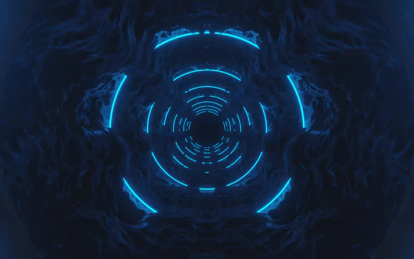 HD desktop wallpaper of a 3D abstract blue tunnel with glowing concentric rings, designed for an immersive background experience.