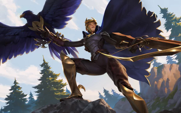 HD PC wallpaper featuring Quinn from League of Legends, depicted with her eagle in a dynamic pose against a mountainous backdrop, representing the Legends of Runeterra universe.