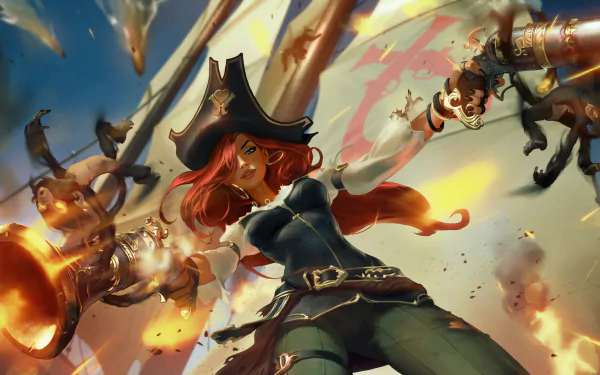 An HD wallpaper featuring Miss Fortune from League of Legends, showcasing her dynamic pose and bold pirate aesthetic against a vibrant battle backdrop from Legends of Runeterra.