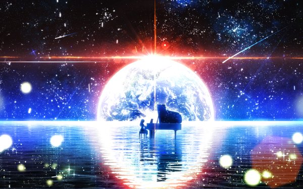 Anime Original Night Starry Sky Piano Shooting Star Earth HD Wallpaper | Background Image