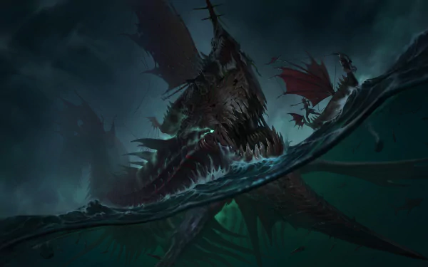 HD PC wallpaper from the video games League of Legends and Legends of Runeterra: Bilgewater's colossal sea monster breaches stormy green waters, glowing maw and tattered sails.