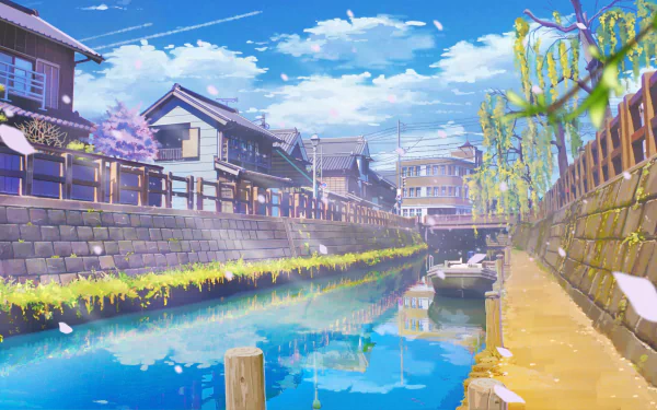 town boat canal Anime Original HD Desktop Wallpaper | Background Image