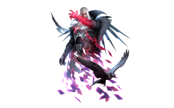 HD PC desktop wallpaper featuring Swain from League of Legends and Legends of Runeterra, showcasing a dark, magical aura with fragmented, glowing effects.