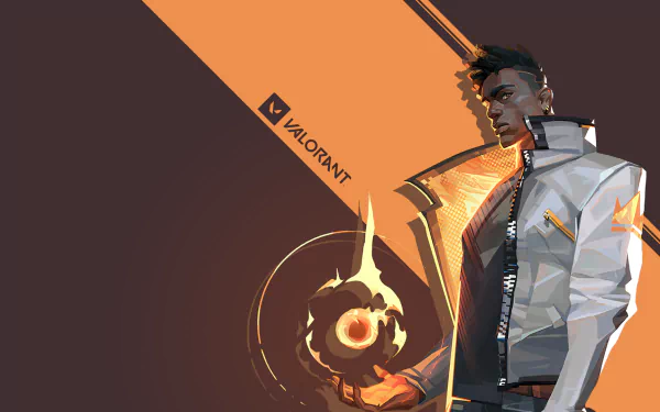 HD PC desktop wallpaper featuring Phoenix from the video game Valorant, showcasing his fiery abilities with a dynamic orange and black background.