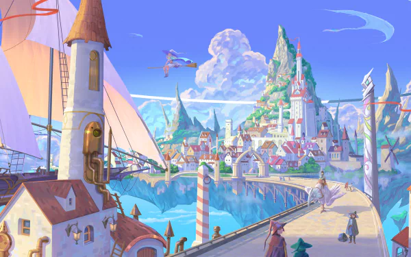 HD anime cityscape desktop wallpaper featuring vibrant, detailed buildings, a castle tower, and a serene waterfront under a bright blue sky.