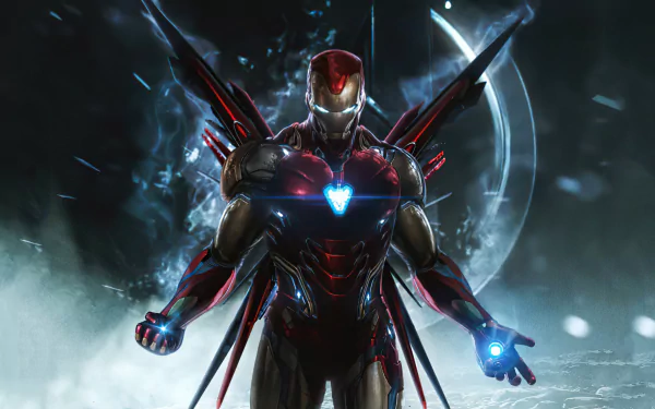 Comic Iron Man in glowing red-and-gold armor, arc reactor and repulsors blazing, wing-like nano-extensions amid moonlit mist and sparks — 4K Ultra HD PC desktop wallpaper.