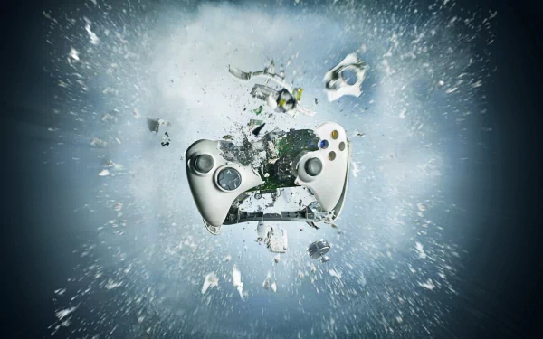 A dynamic HD desktop wallpaper featuring an Xbox controller bursting through an explosion of debris, capturing the energy of video gaming.