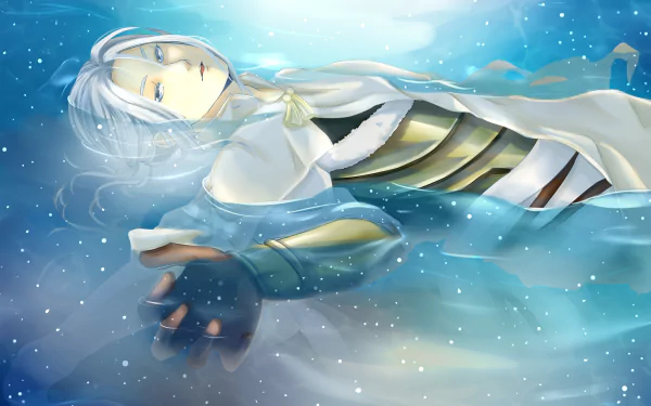 Anime wallpaper — The Heroic Legend of Arslan: white-haired protagonist in cloak and armor floats in luminous blue water, reaching out. 2K Quad HD PC desktop wallpaper/background.