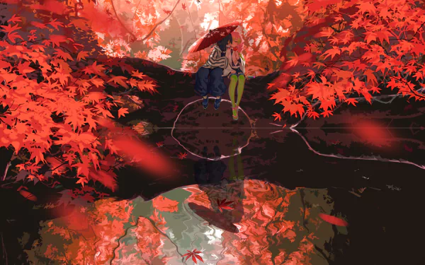 HD desktop wallpaper featuring Mitsuri Kanroji and Obanai Iguro from the anime Demon Slayer: Kimetsu no Yaiba. The duo sits under an umbrella amidst vibrant red autumn leaves, reflected in a tranquil pond.
