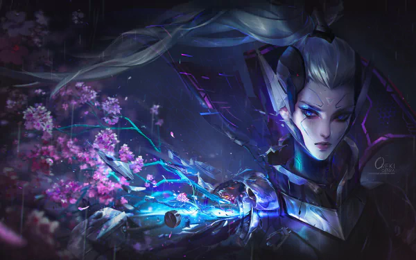HD desktop wallpaper featuring Vayne from League of Legends, showcasing her intense gaze and mystical energy in a dark, vibrant video game-inspired setting.