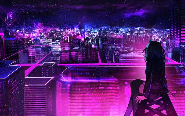 An HD anime-themed wallpaper featuring a night view of a neon-lit cityscape. A character is seated on a rooftop, gazing at the vibrant lights that illuminate the city against a starry sky.