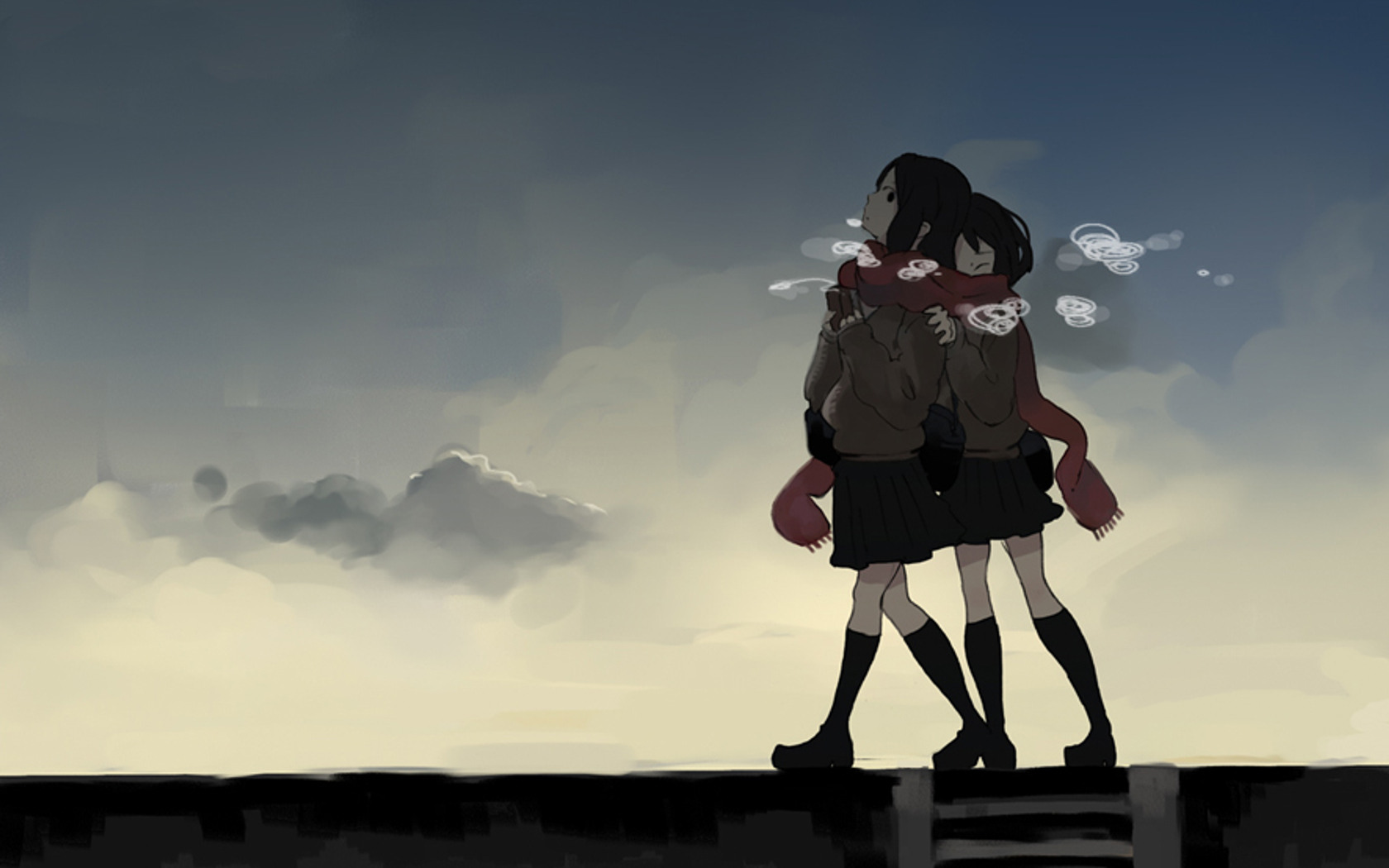 Anime-themed desktop wallpaper featuring original characters in a yuri pairing.