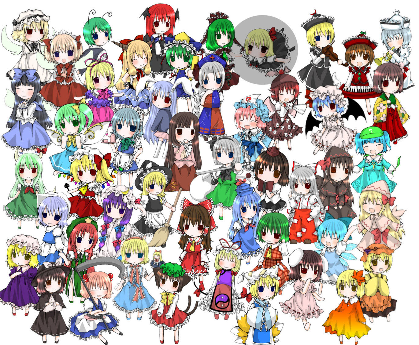 A colorful collage featuring various characters from the Touhou series.