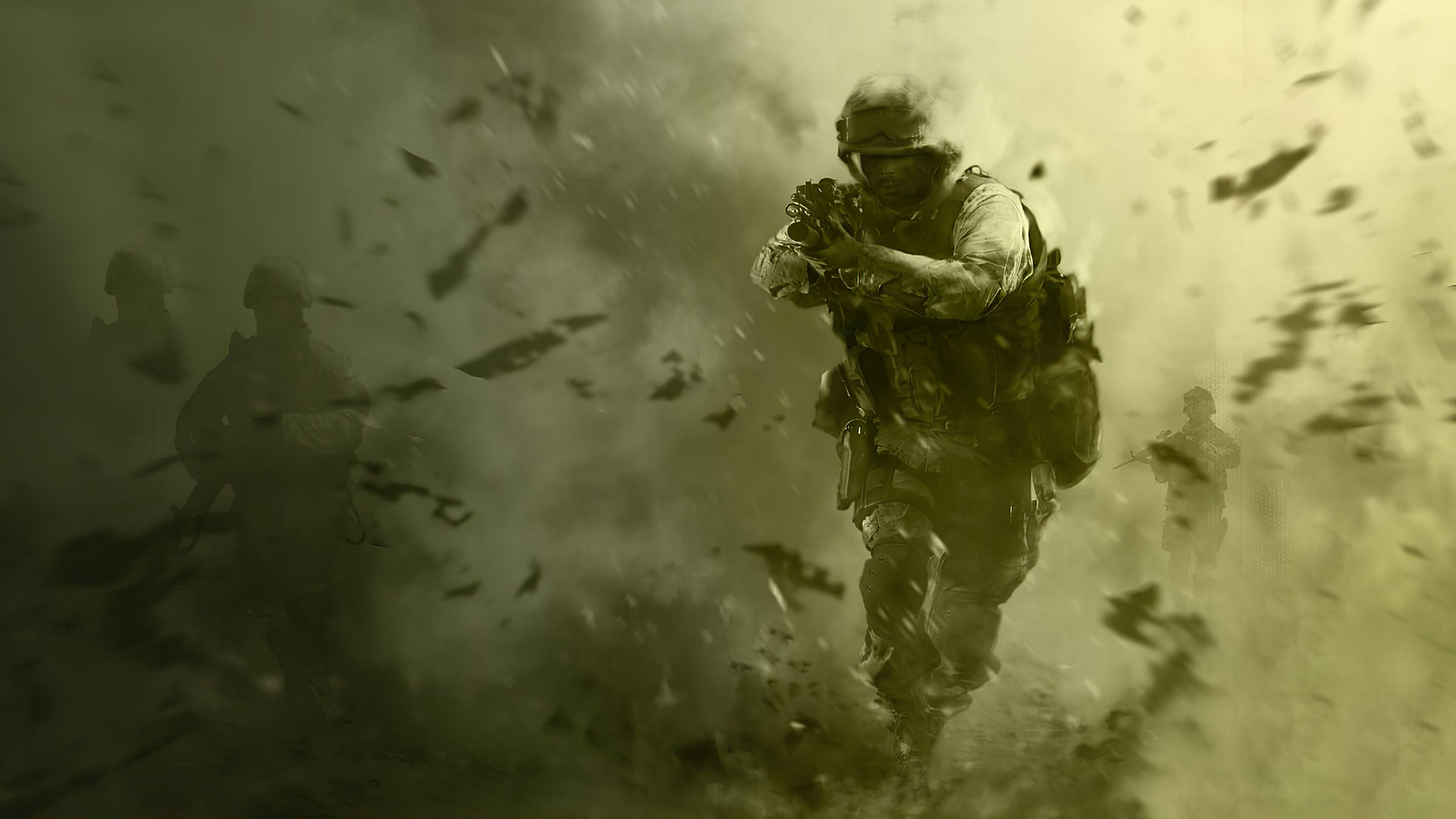 Call of Duty 4: Modern Warfare HD PC desktop wallpaper of an armed soldier sprinting through green-tinted smoke and swirling debris.