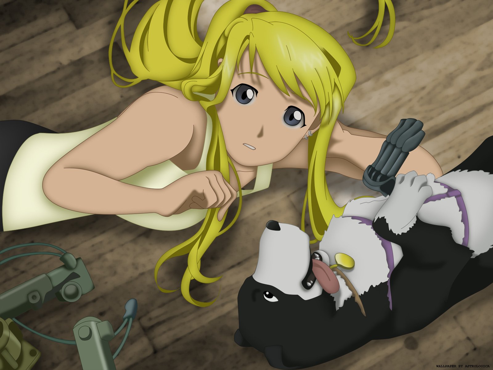 Winry Rockbell (Anime, Fullmetal Alchemist) HD PC desktop wallpaper/background — Winry reclining on a wooden floor, blonde hair spread, reaching toward a playful black-and-white dog amid scattered tools.