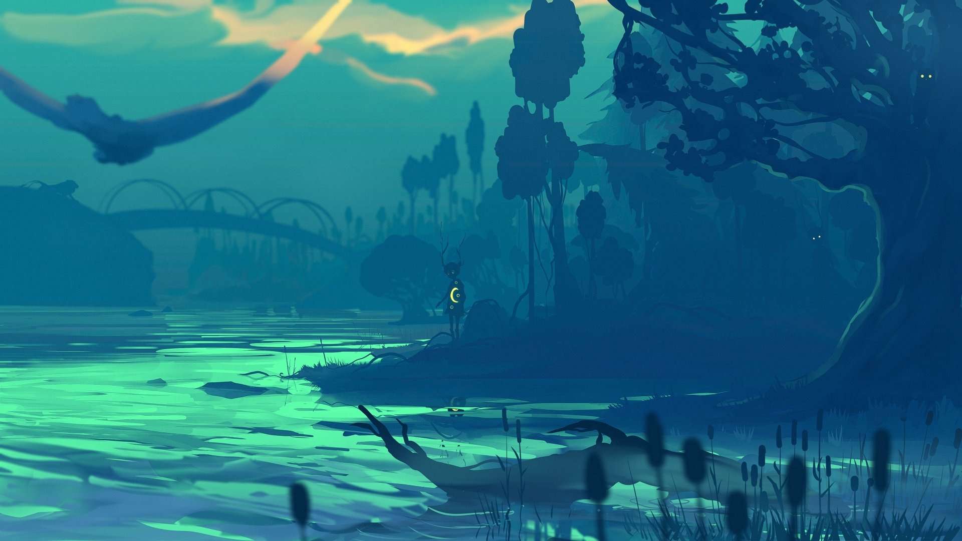 A sylvan fantasy scene by a river at twilight with a child standing near water, rendered in vivid 4K Ultra HD detail for a nature-inspired PC desktop background.