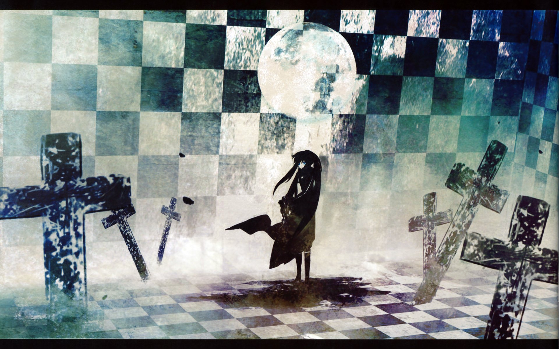 A striking HD wallpaper featuring Black Rock Shooter, set against a moody backdrop with a full moon, chessboard pattern, and shadowy swords and crosses.