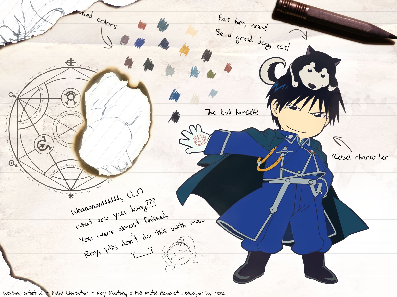 HD anime wallpaper featuring Roy Mustang from Fullmetal Alchemist, depicted as a chibi character with alchemy symbols and colorful paint swatches in the background.