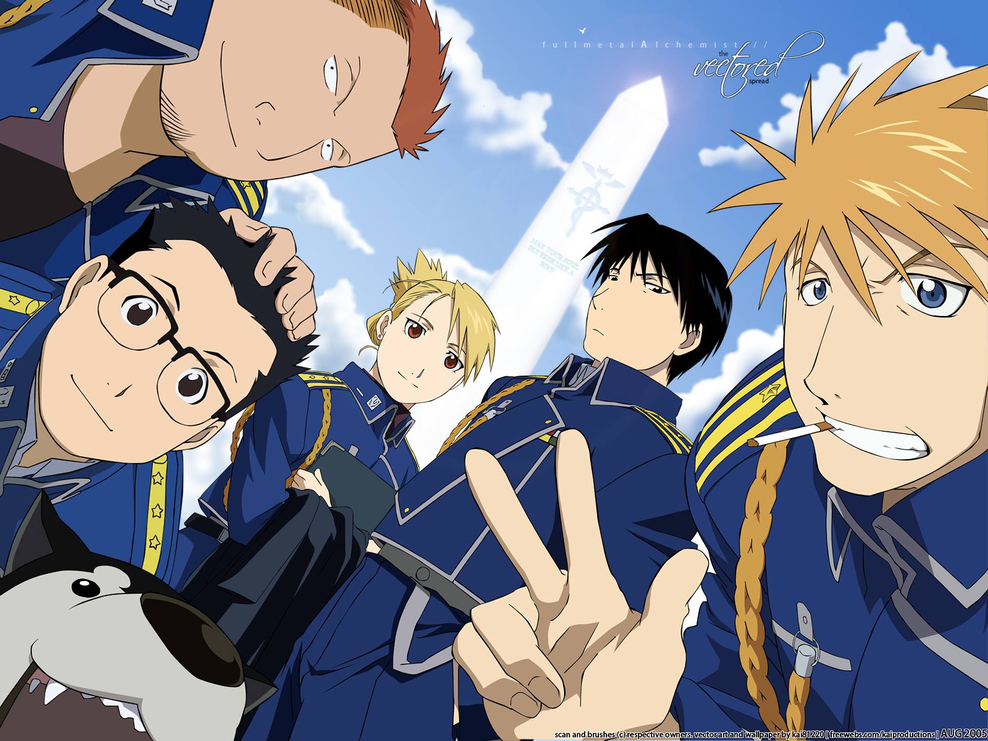 A vibrant HD wallpaper featuring characters Kain Fuery, Riza Hawkeye, Roy Mustang, Heymans Breda, Vato Falman, and Jean Havoc from the anime Fullmetal Alchemist.
