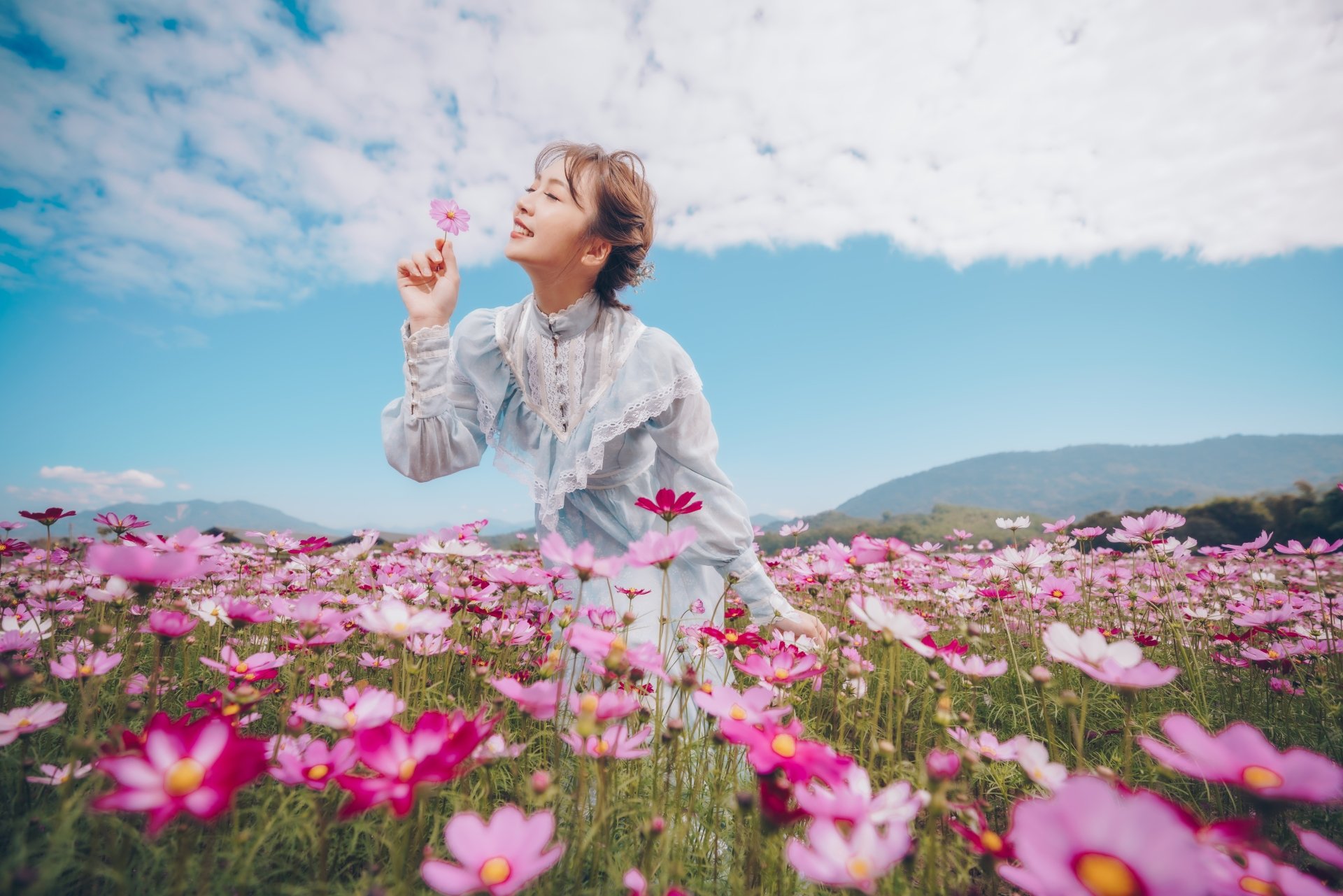 Download Pink Flower Flower Brunette Mood Depth Of Field Model Woman ...