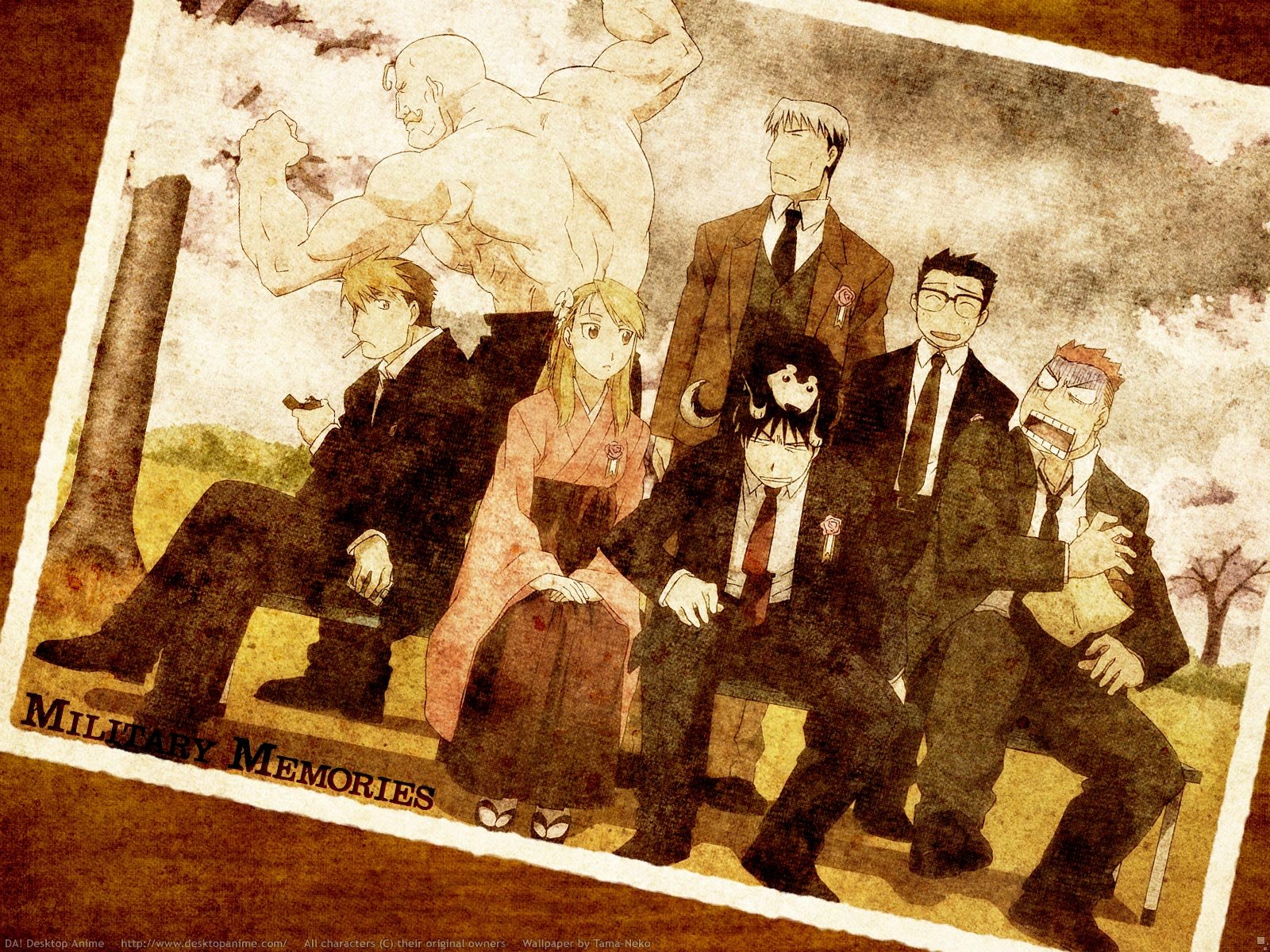 A nostalgic scene from Fullmetal Alchemist features Jean Havoc, Kain Fuery, Heymans Breda, Alex Louis Armstrong, Roy Mustang, and Riza Hawkeye, captured in an artistic, vintage-style wallpaper.