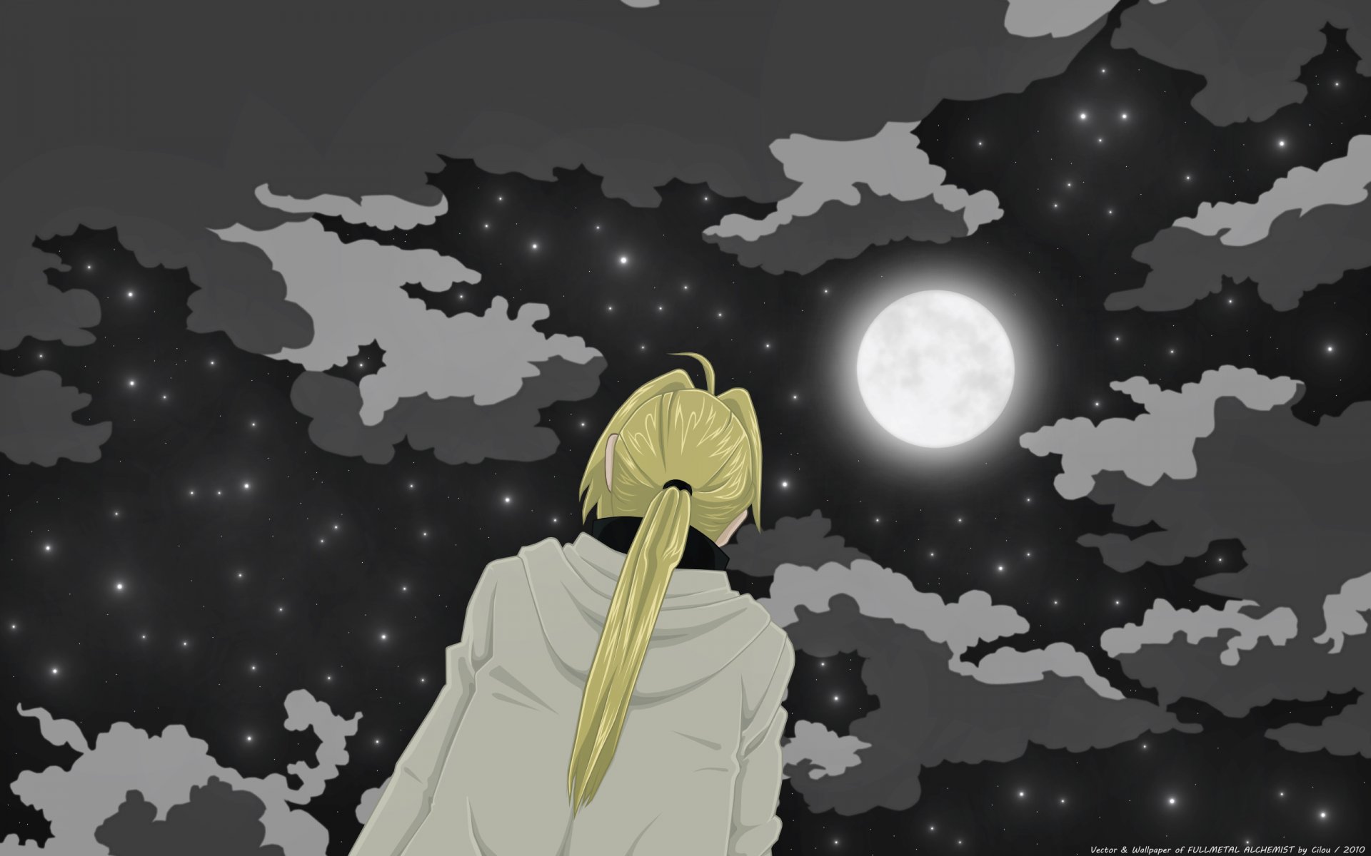 An HD wallpaper featuring Edward Elric from the anime Fullmetal Alchemist, looking up at a bright moon against a starry, cloud-filled sky.