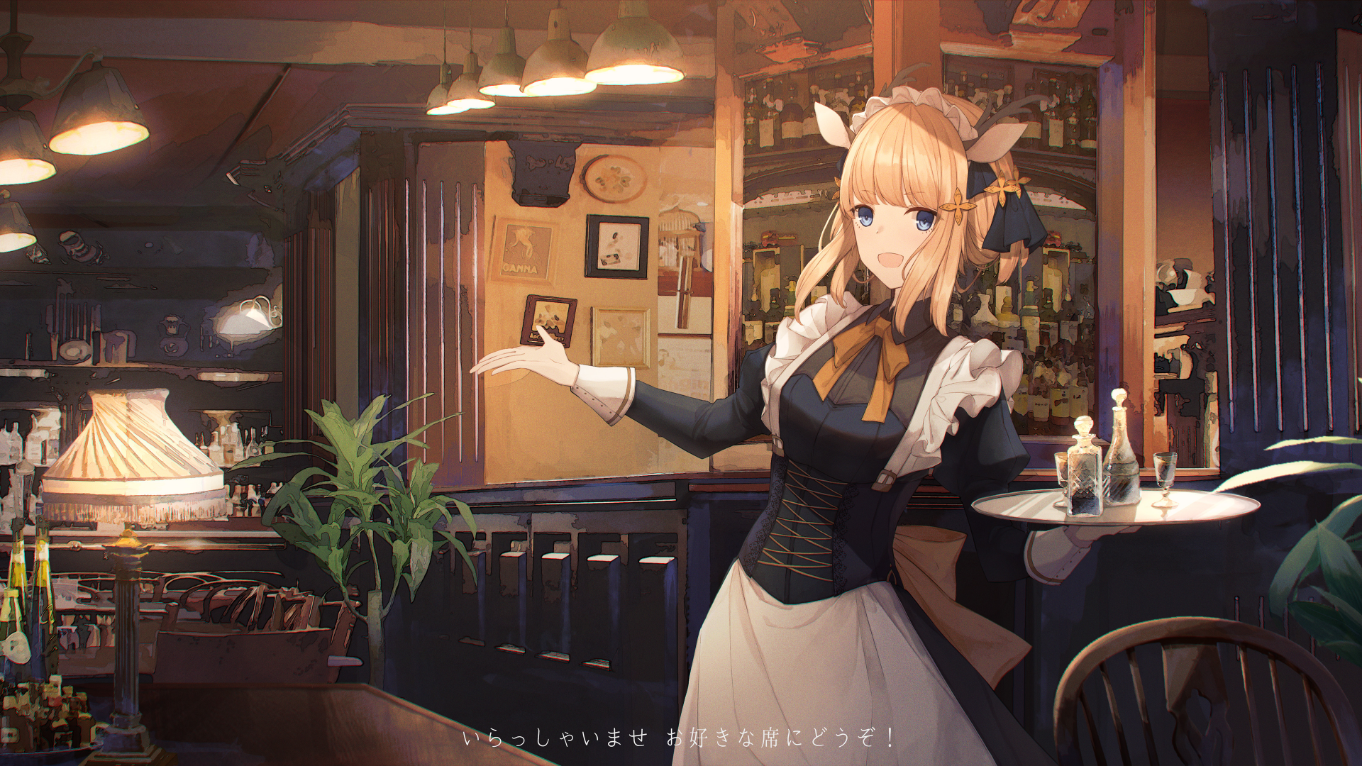 Anime girl with blonde hair and blue eyes dressed in maid attire welcomes visitors in a cozy restaurant setting. The image is an HD desktop wallpaper and background.