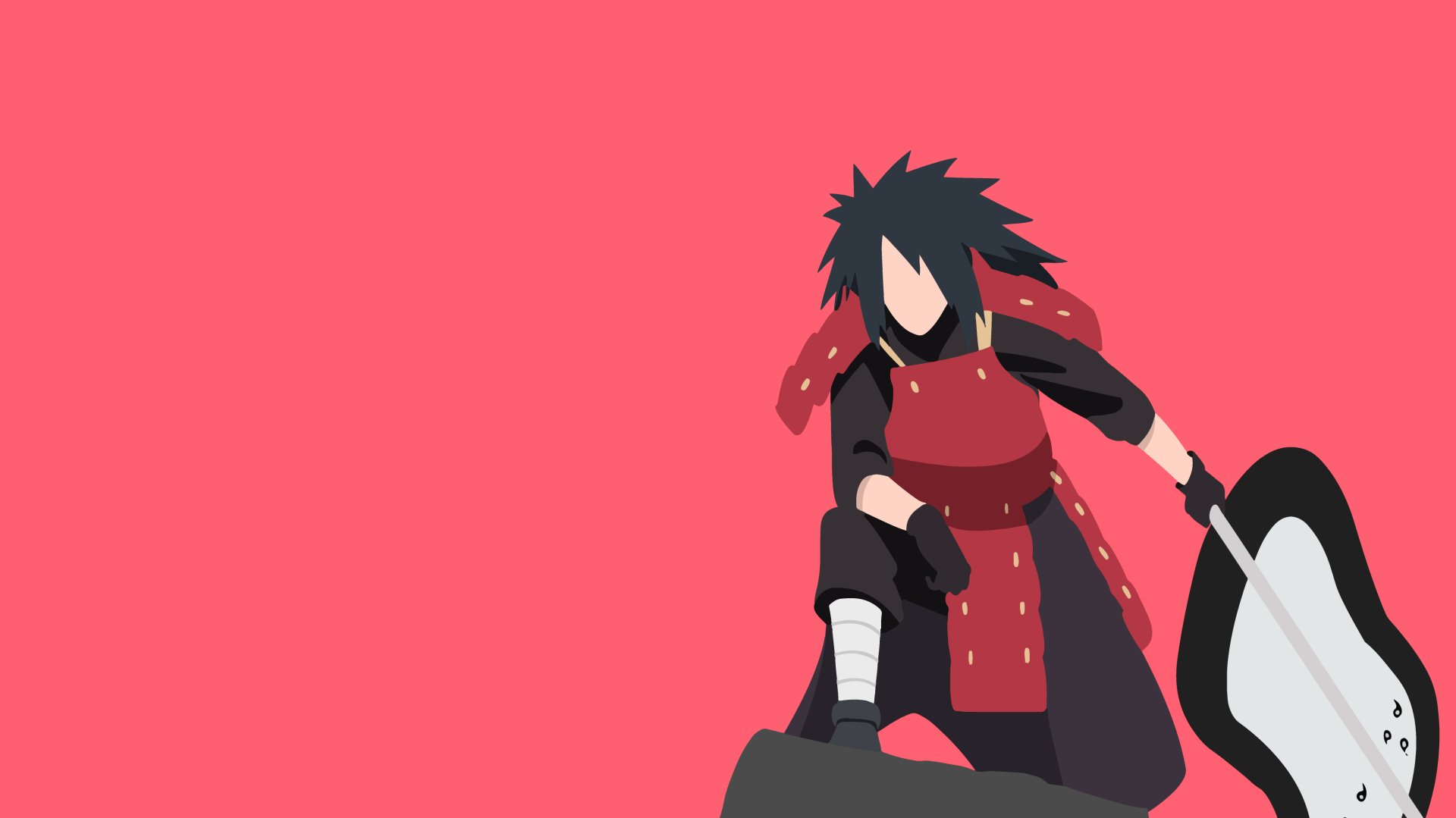 Minimalist 4K Ultra HD wallpaper of Madara Uchiha from Naruto Shippuden: Ultimate Ninja Storm 4, featuring the warrior with black hair in stylized anime form against a pink background.