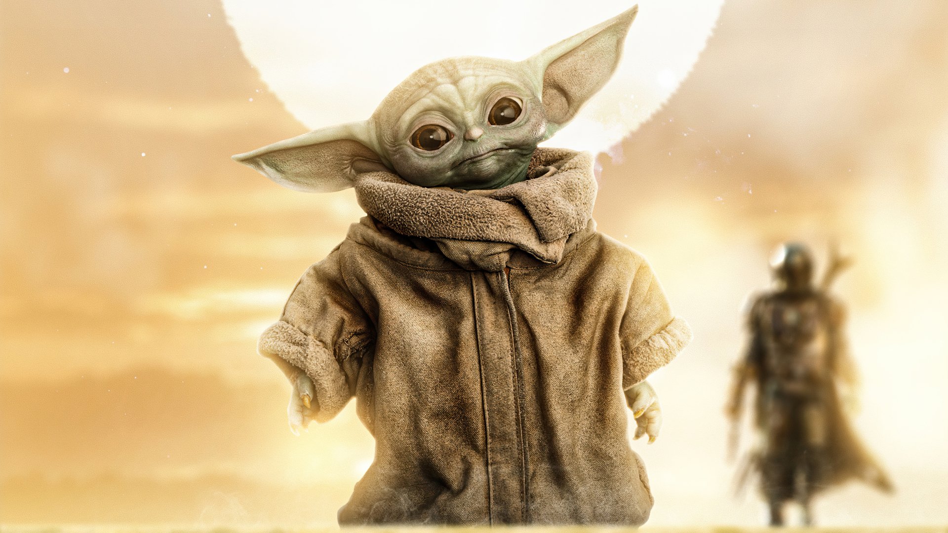 HD desktop wallpaper featuring Grogu, also known as Baby Yoda, from the TV show The Mandalorian with a blurred figure in the background under a pale sky.
