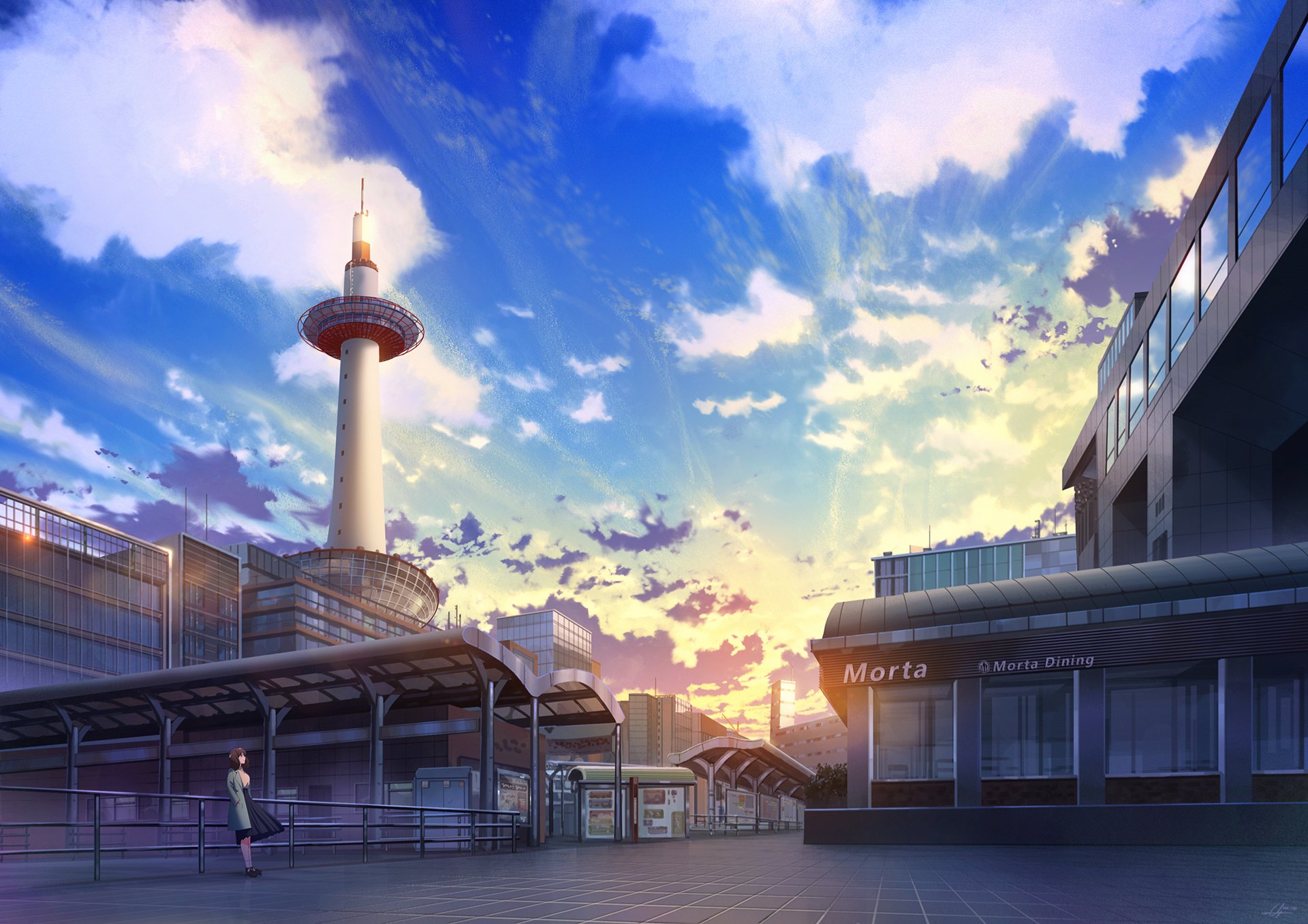 HD anime cityscape wallpaper featuring a vibrant sky at sunset, with detailed buildings and a tall tower under a colorful, partly cloudy atmosphere.