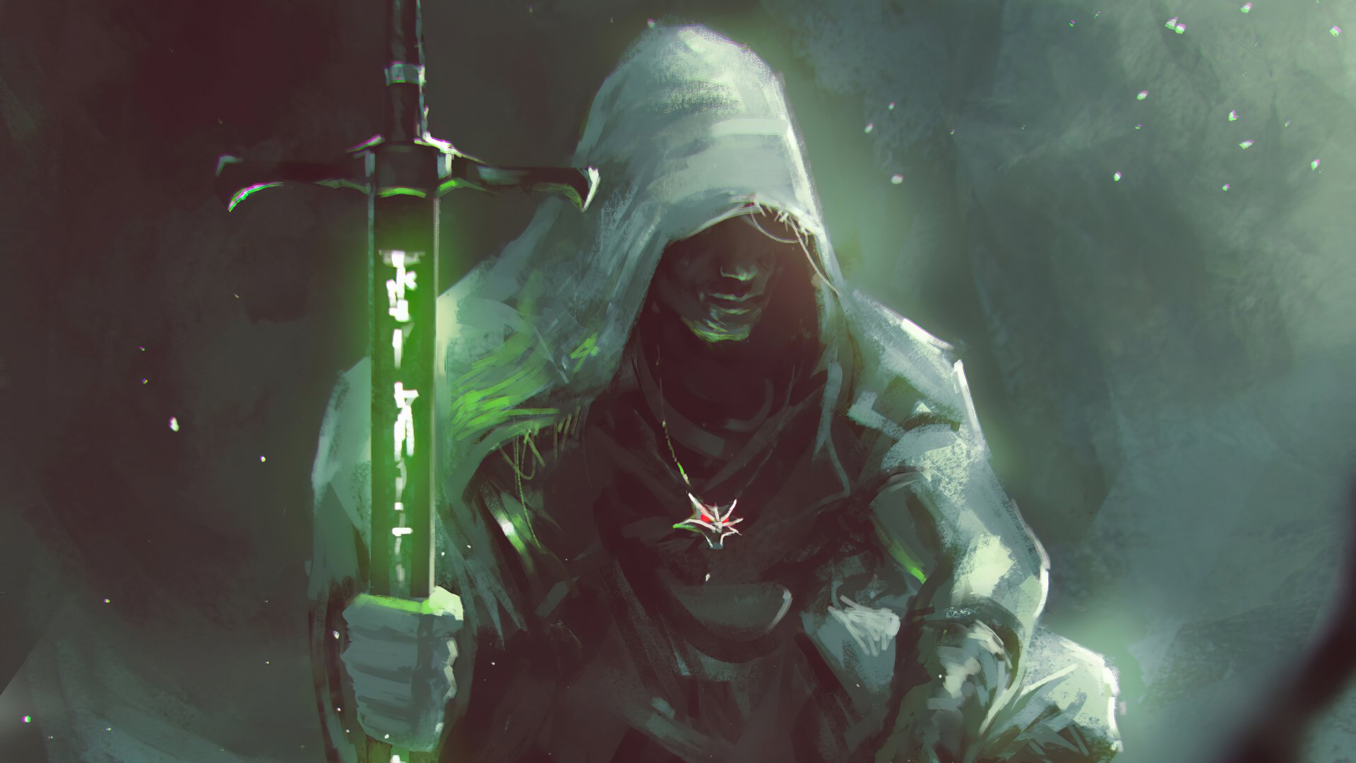 Geralt of Rivia from The Witcher TV show stands cloaked in shadow, gripping a glowing sword in this 4K Ultra HD PC desktop wallpaper and background.