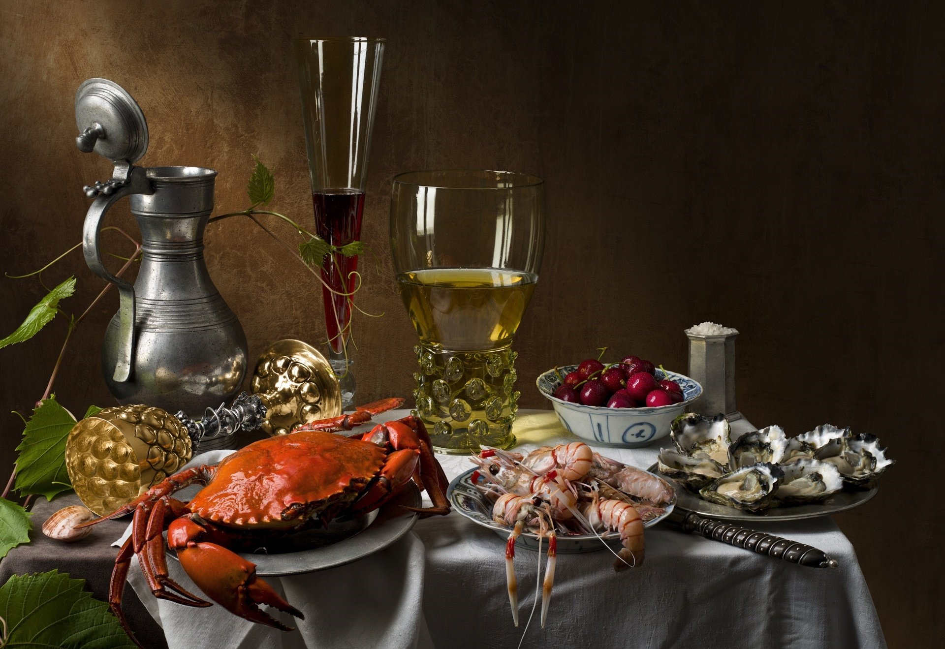 Download Oyster Shrimp Crab Glass Wine Cherry Food Still Life HD Wallpaper