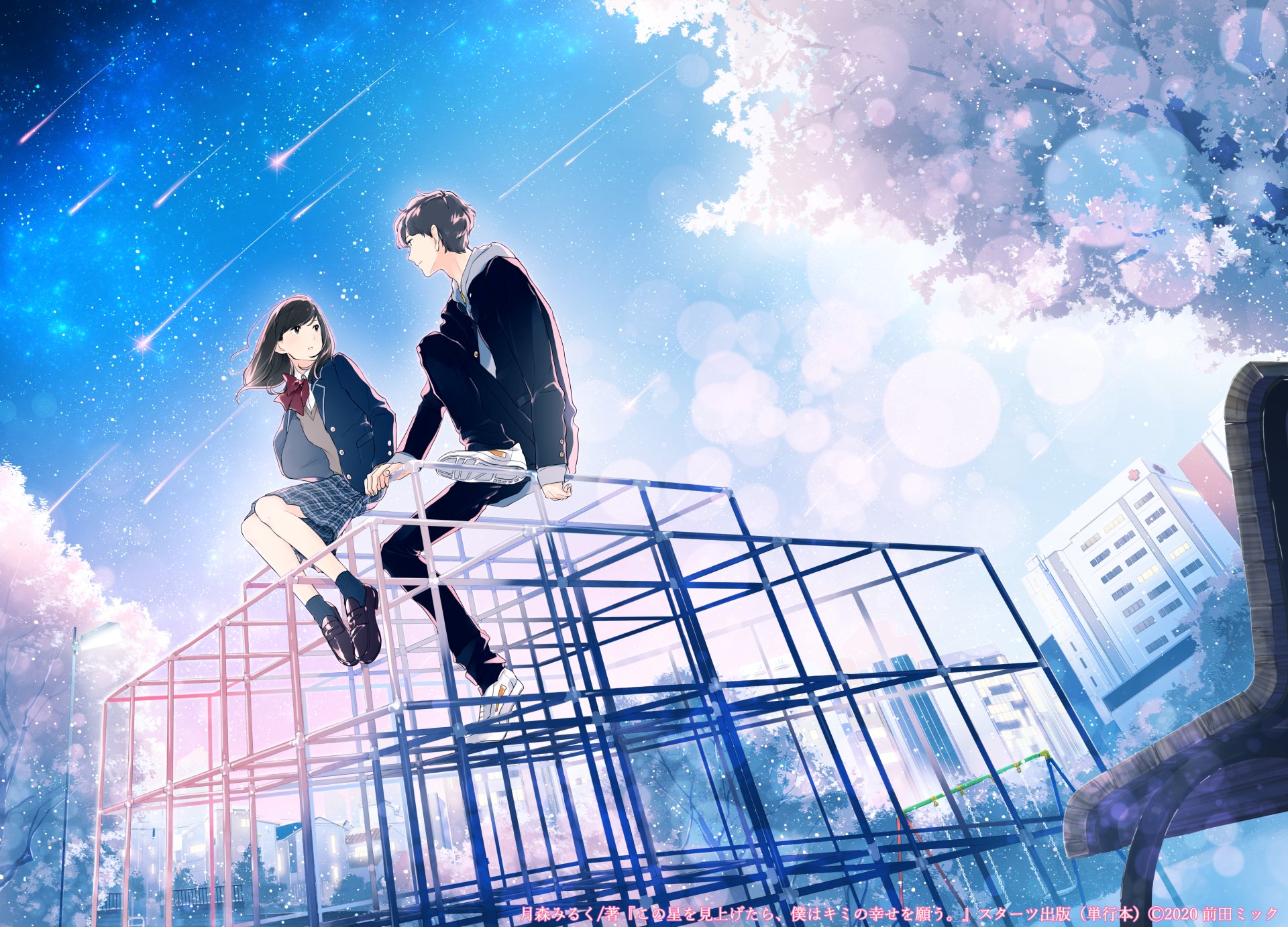 Anime couple sitting on a geometric structure under a vibrant sky with falling petals, depicted in 4K Ultra HD for a PC desktop wallpaper background.