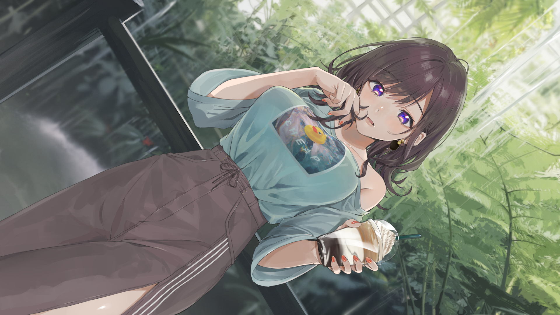 HD anime desktop wallpaper featuring an original character with purple eyes and dark hair, holding a drink outdoors with lush greenery in the background.