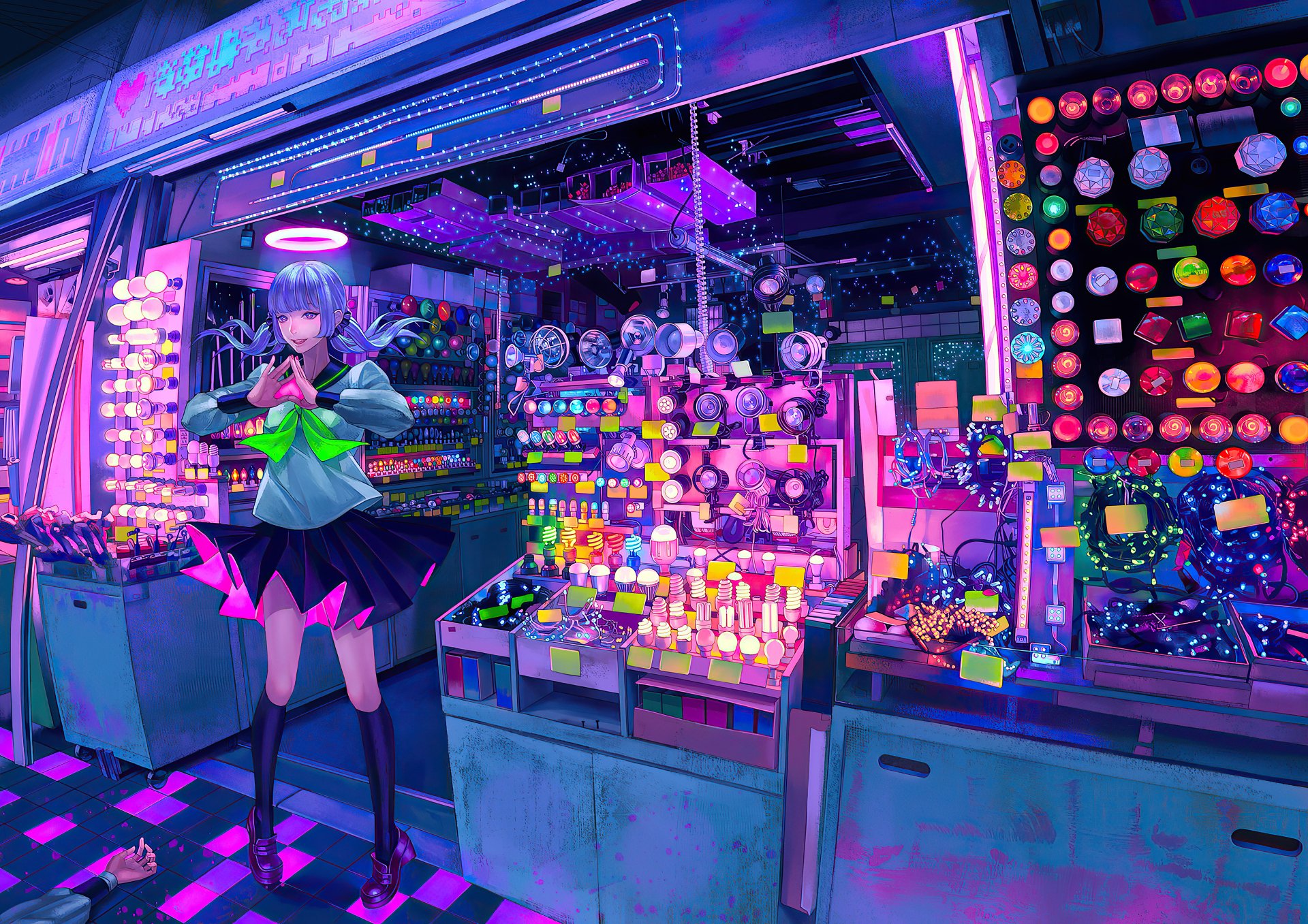 Anime-style 4K Ultra HD wallpaper featuring a blue-haired girl in a school uniform skirt standing in a vibrant, neon-lit shop filled with colorful items.