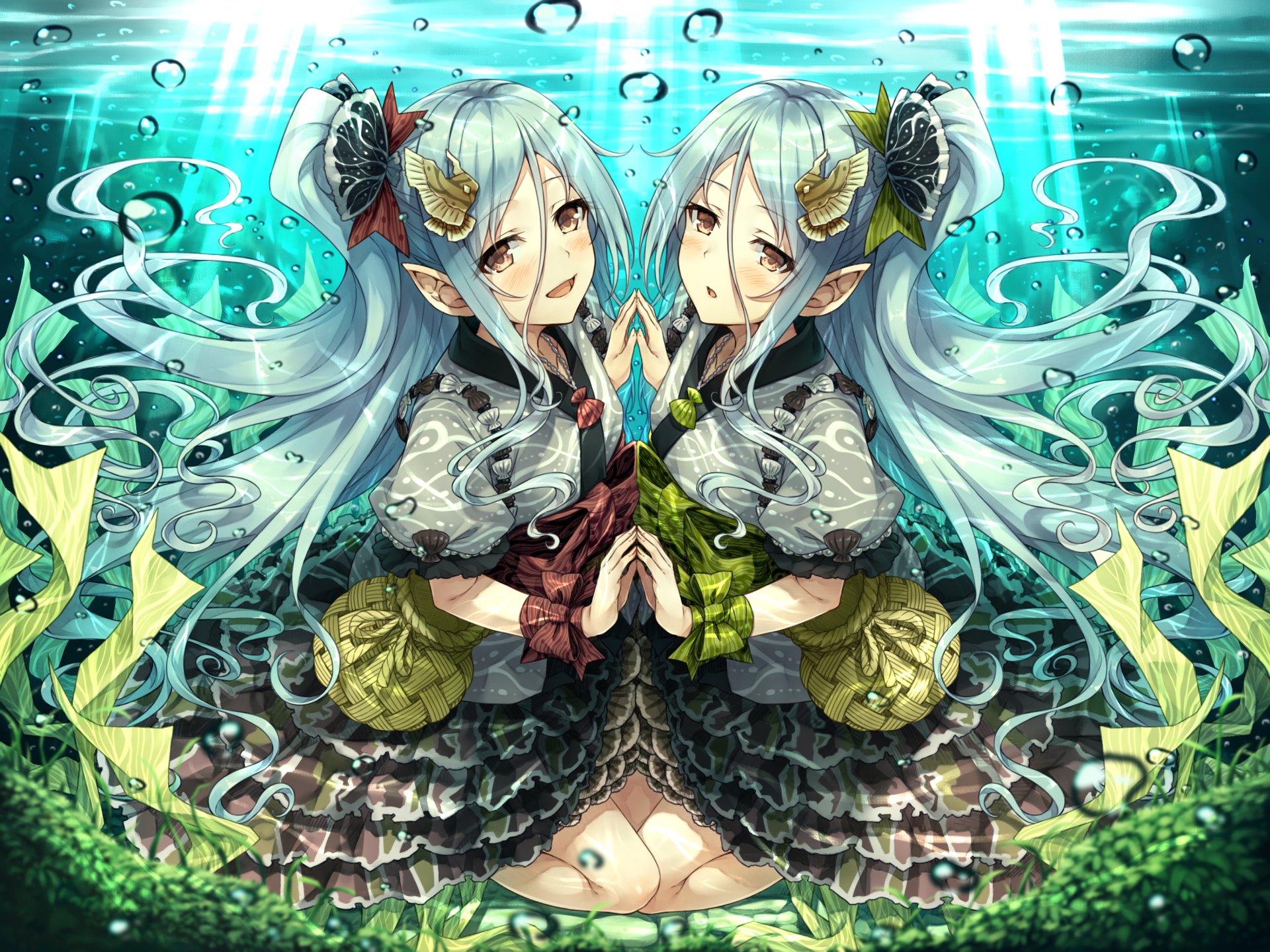 Anime-style HD desktop wallpaper featuring twin original characters with long white hair, brown eyes, and pointed ears underwater, wearing intricate dresses.