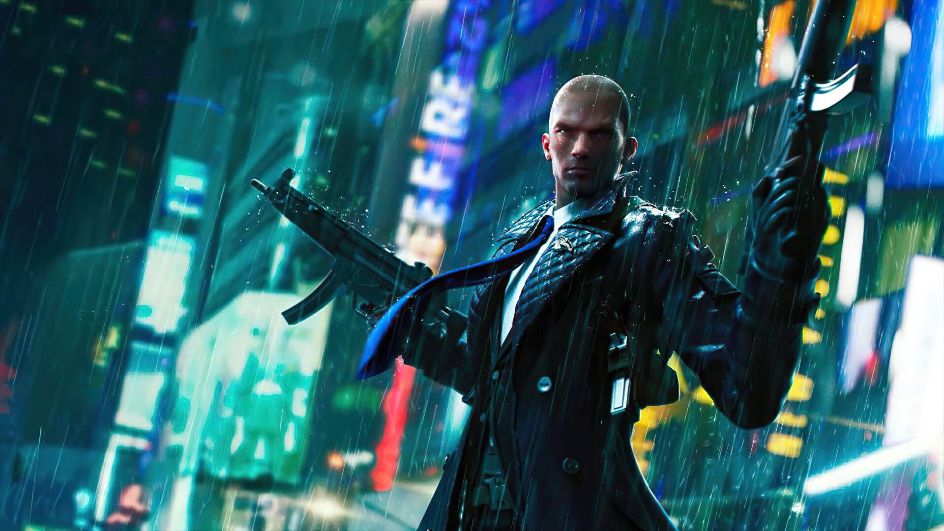 4K Ultra HD PC wallpaper featuring a character from Garena Free Fire, standing confidently in a rain-soaked, neon-lit cityscape with weapons in both hands.