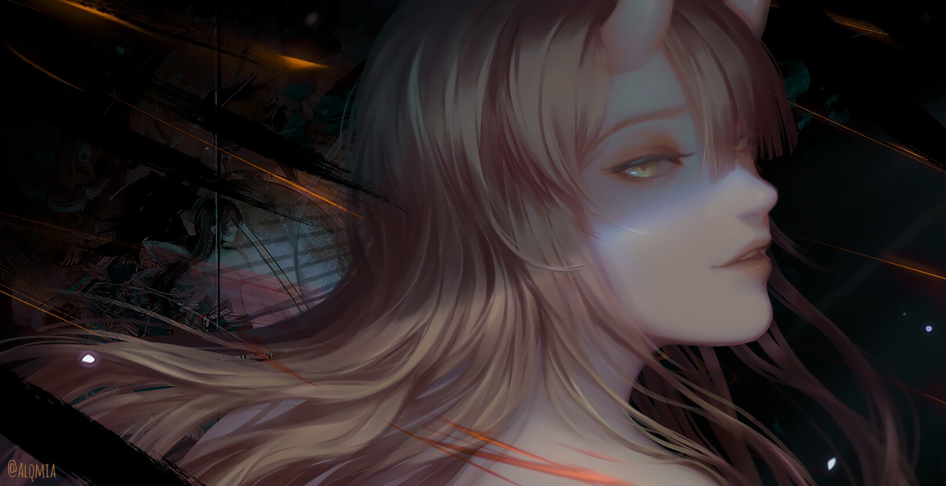 HD anime original artwork of a mysterious character with long hair and horns, designed as a striking PC desktop wallpaper and background.