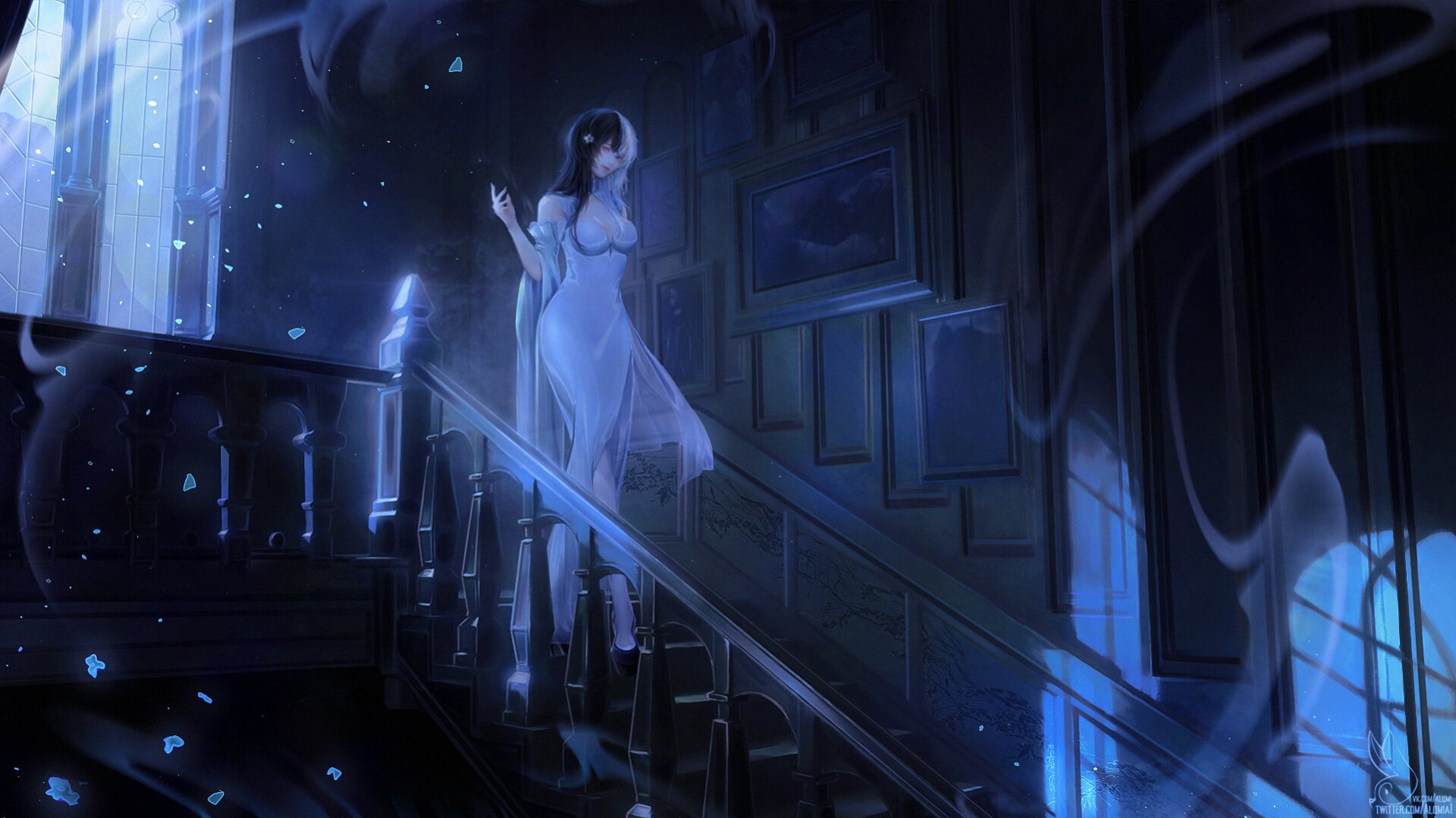 Anime-style original HD desktop wallpaper featuring a girl in a white dress descending a staircase in a dimly lit, atmospheric room with blue lighting effects.