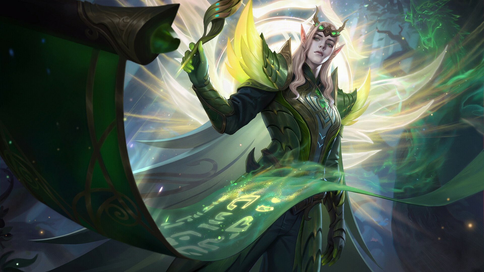 HD PC desktop wallpaper featuring a powerful character from Mobile Legends: Bang Bang, showcasing vibrant green and gold armor with magical effects.