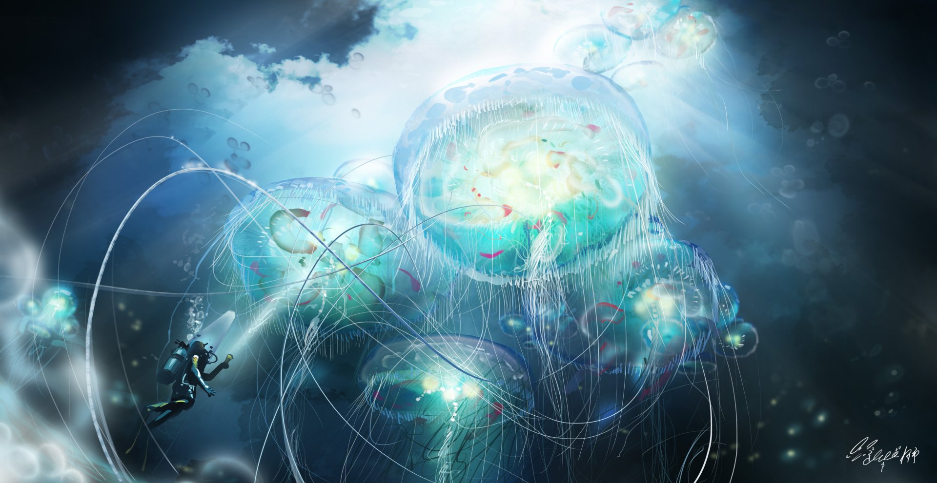A vibrant 4K Ultra HD anime-style underwater scene featuring a diver exploring glowing jellyfish drifting in the deep sea.