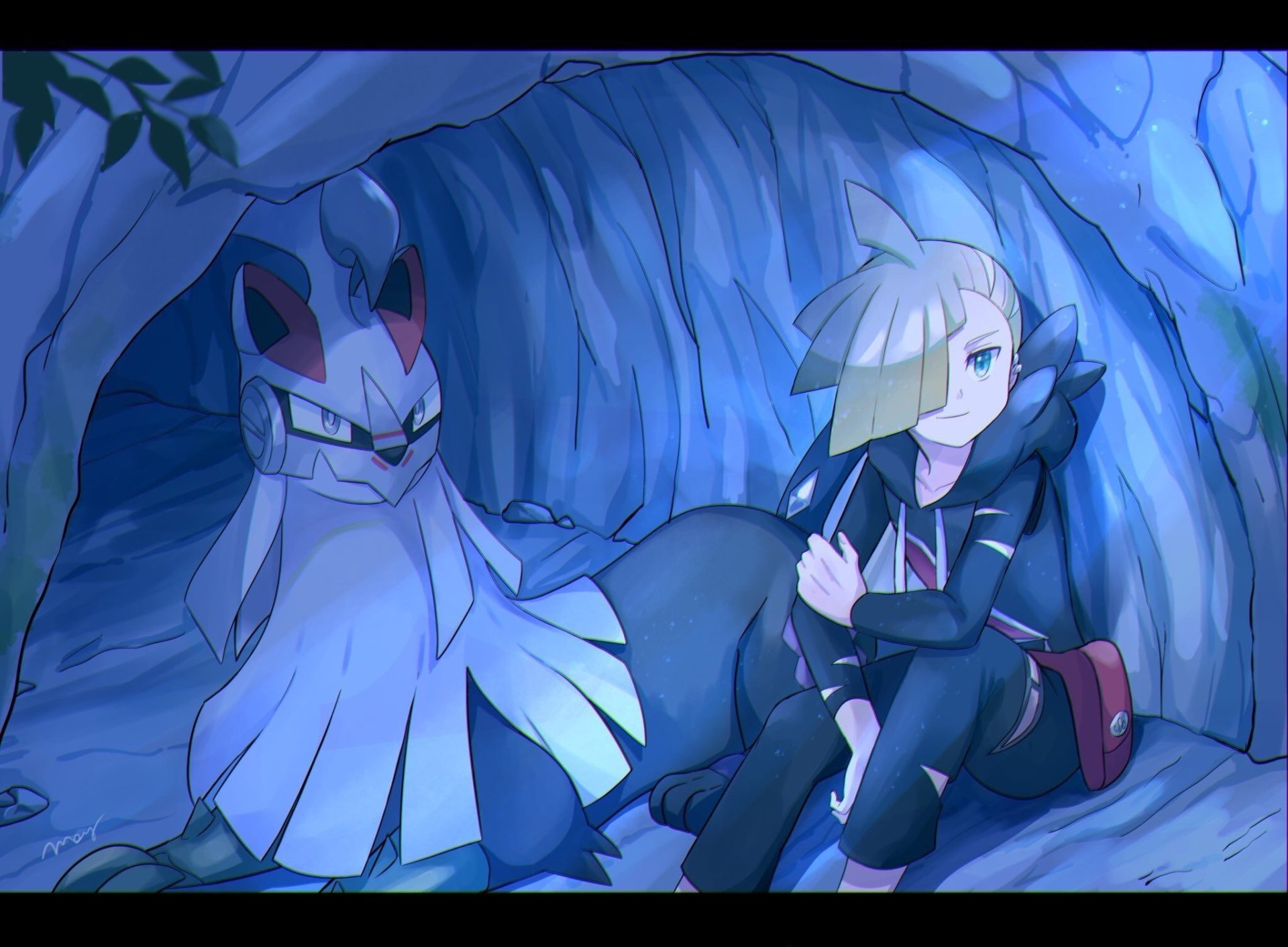 HD desktop wallpaper featuring Gladion with blonde hair and his Silvally Pokémon from Pokémon Sun and Moon, set in a cave with a calm, blue-toned atmosphere.