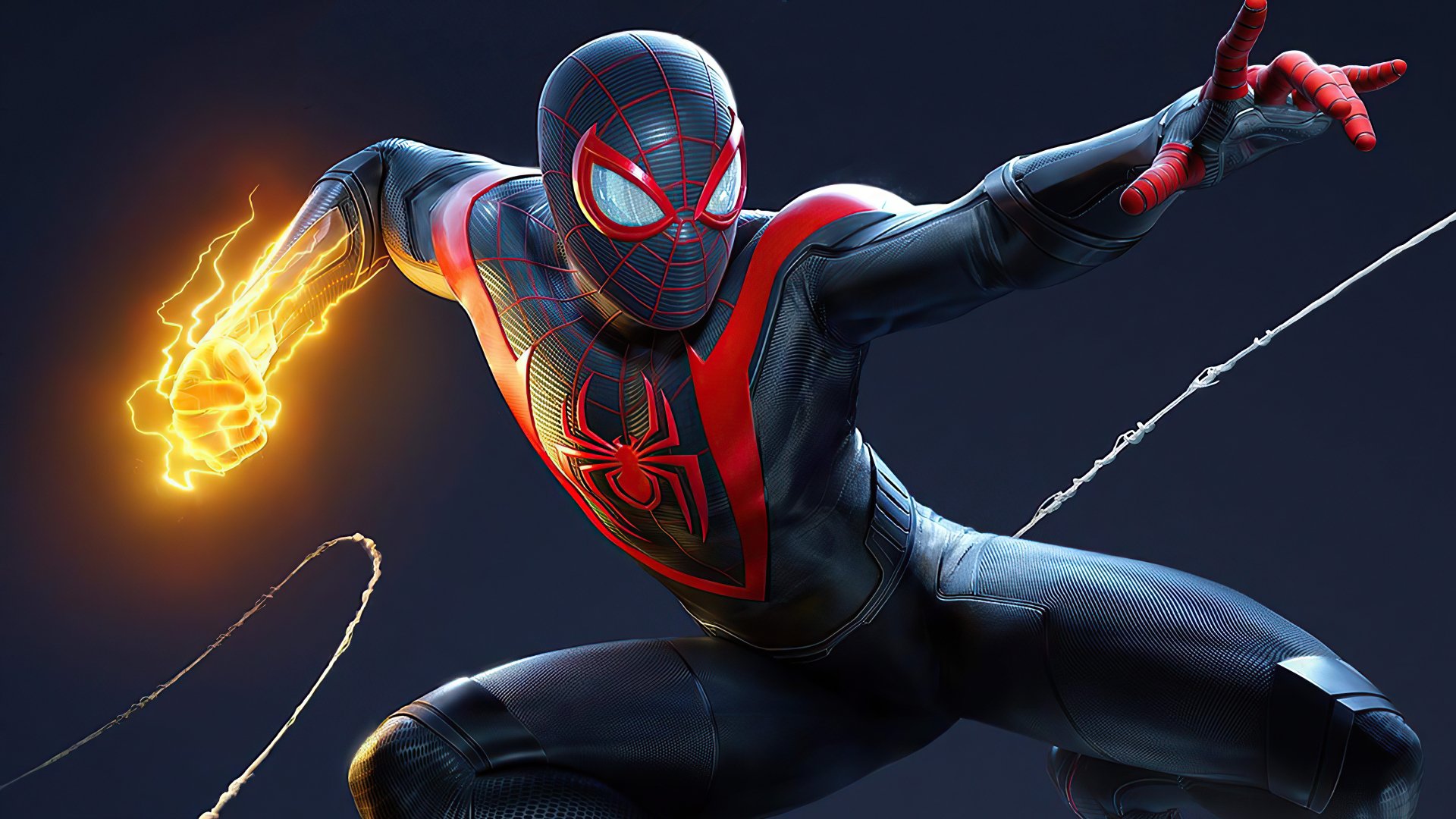High-resolution 4K Ultra HD desktop wallpaper featuring Miles Morales as Spider-Man in a dynamic pose with glowing web effects, inspired by comic art.