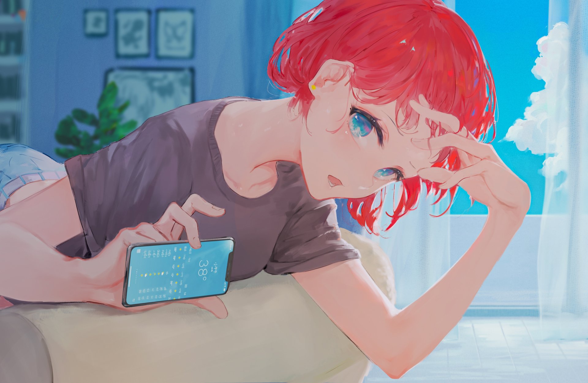 Download IPhone Short Hair Smartphone Blue Eyes Red Hair Anime Original HD Wallpaper by KiSei2_
