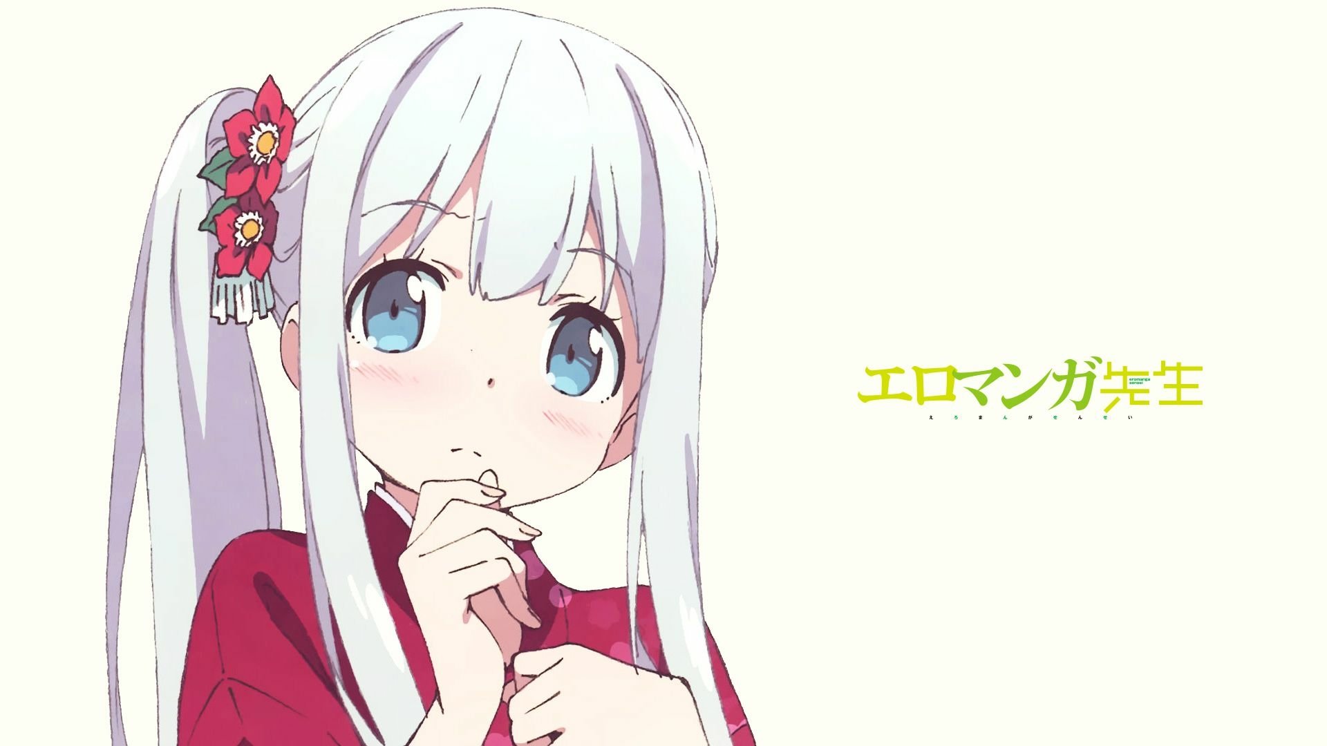 HD anime desktop wallpaper featuring Sagiri Izumi from EroManga-Sensei with a light background and Japanese text beside her.