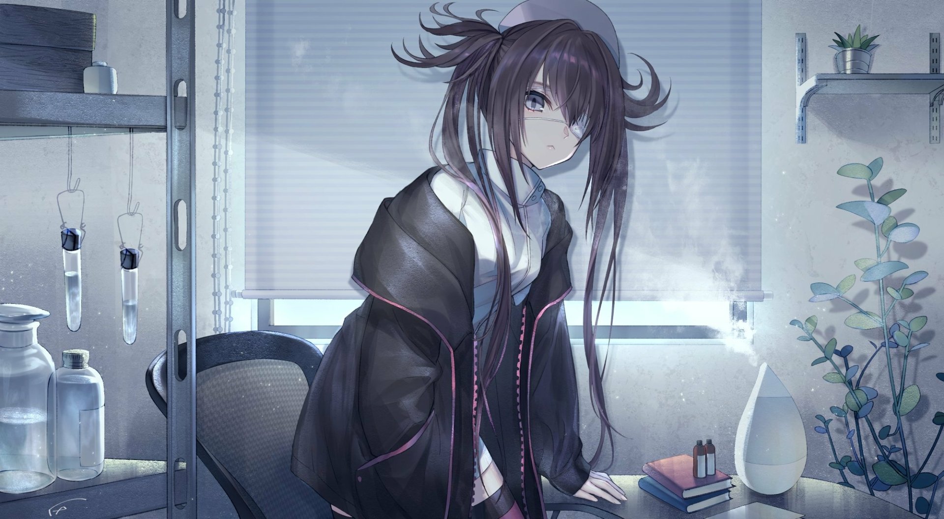 HD anime original artwork of a girl with dark hair in a cozy room, featured as a PC desktop wallpaper and background.