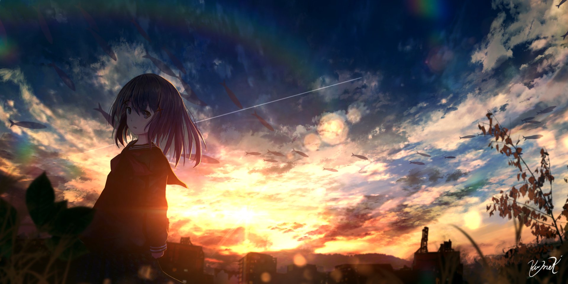 Download Uniform Sky Sunset Anime Original HD Wallpaper by クメキ