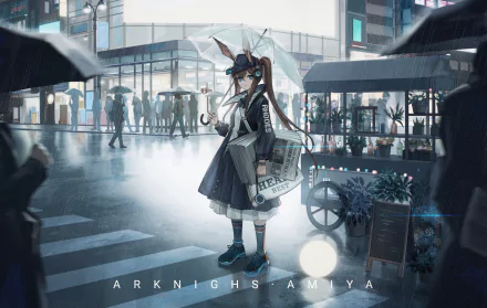 Amiya (Arknights) stands under an umbrella in a rainy city plaza, stylized 2K Quad HD PC desktop wallpaper background, video game character with rabbit ears and staff.